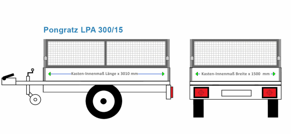 Pongratz Anhängeraufbau LPA 300/15, 3010 x 1500 Laubgitter 80 cm STAHL verzinkt